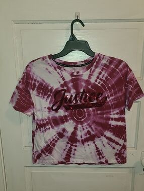 Justice Berry and White Tie-Dye Sequin Logo Tee